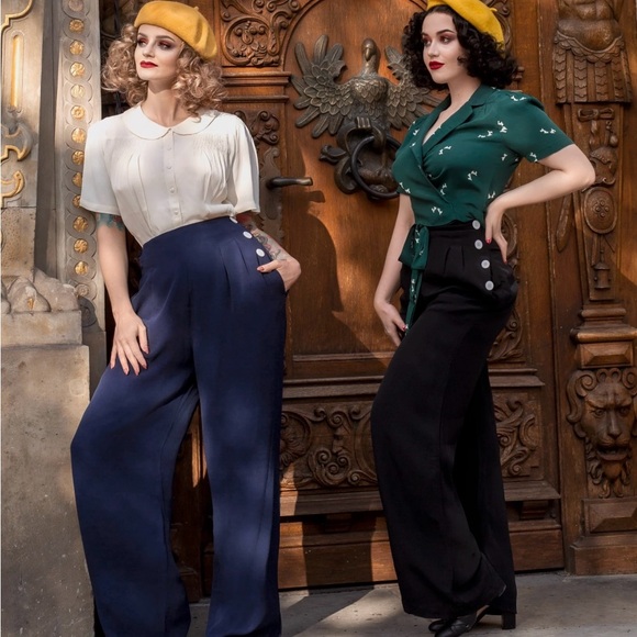 SOLD Retro Pants 40s Style Gold Wide Leg M L UK 12 Seamstress Of Bloomsbury - Picture 5 of 10